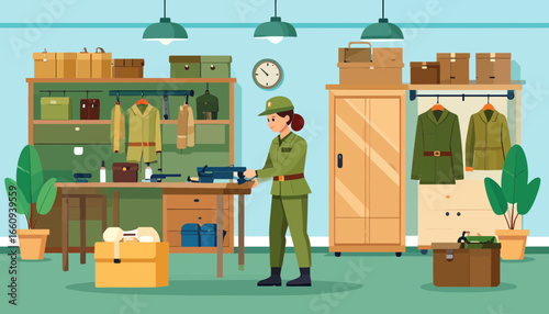 Military Armory Interior: Female Soldier and Equipment Storage