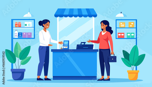 Local Shop Interaction: Customer Paying at Counter Illustration