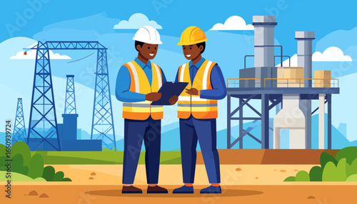 Industrial Teamwork: Engineers Reviewing Plans at a Power Plant