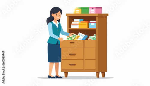Filing Documents: Woman Organizing Files in Cabinet