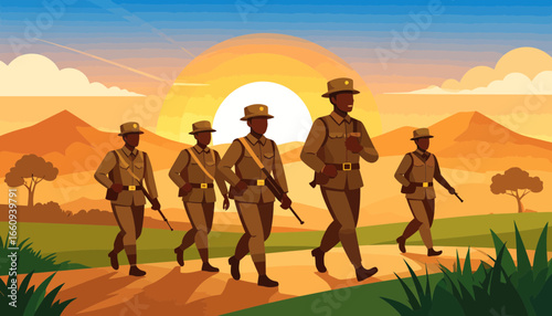 African Wildlife Rangers Patrol at Sunset Illustration