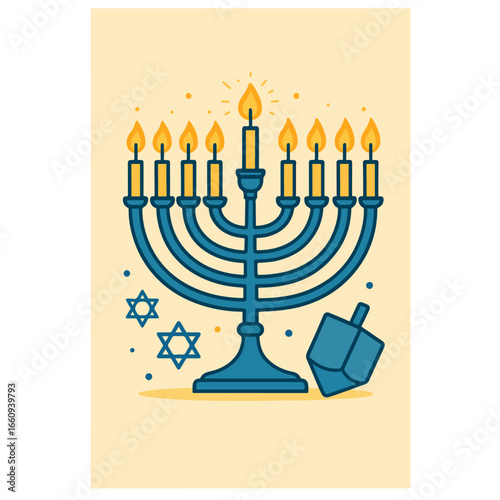 Minimal Blue Menorah with Dreidel – Clean Hanukkah Vector