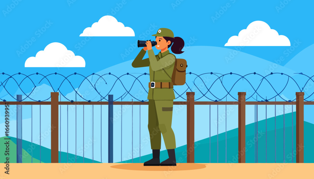 Obraz premium Border Security: Female Guard Watching with Binoculars