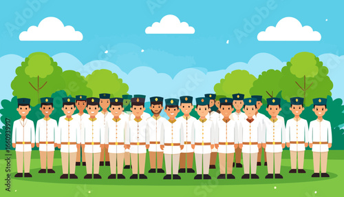 Uniformed Group Gathering in Nature Illustration