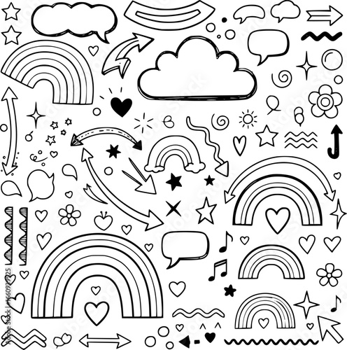 Сollection of various black doodle elements, manga-style illustration pictogram icon set. EPS version.
