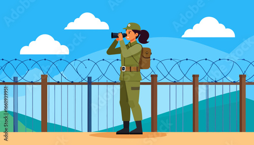Border Security: Female Guard Watching with Binoculars