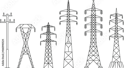 Different types of electrical transmission towers and utility poles, high voltage power lines, energy distribution, electrical infrastructure, vector line art illustrations