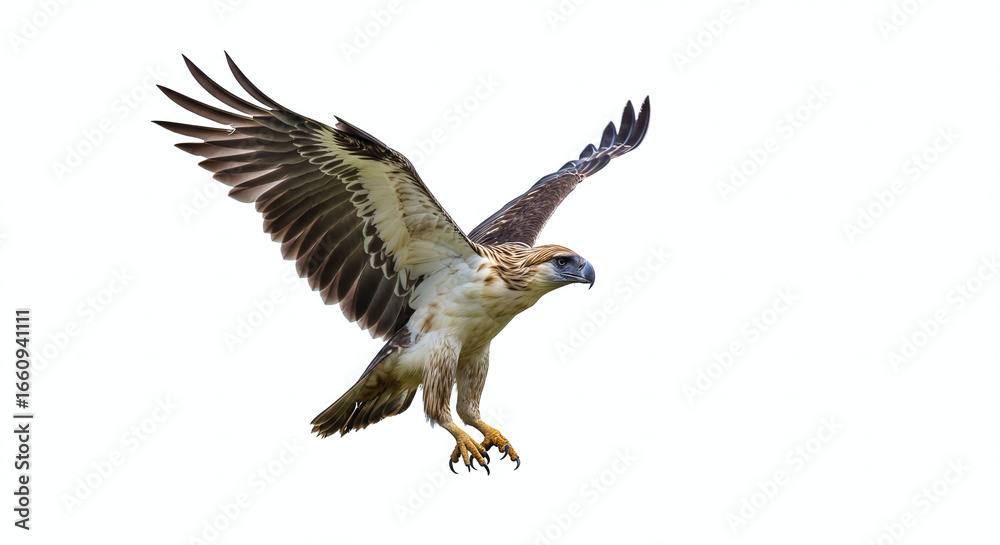 Obraz premium Side profile of Philippine eagle mid-flight, sharp beak and talons visible, isolated on clean white background. Generative AI