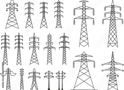 Electric power transmission towers set, high voltage pylons vector, electrical grid infrastructure, energy lines, utility poles, power distribution design, line art illustration