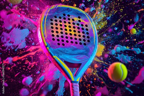 Vibrant padel racket against a colorful splash background, showcasing dynamic energy and sport