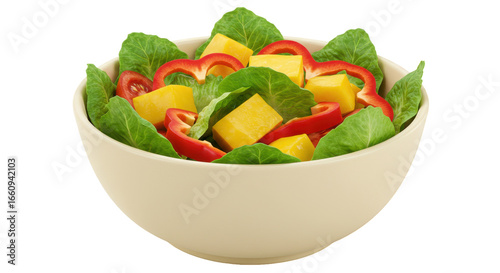 Fresh salad bowl isolated on white background with mango bell pepper vibrant greens