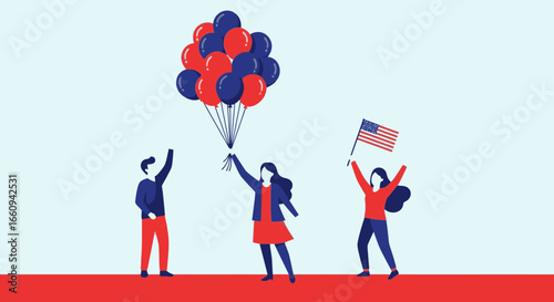 Celebration of Freedom and Patriotism with People Holding American Flags and Balloons, Unity and Happiness, National Holiday Festivities, Patriotic Spirit, Community Event