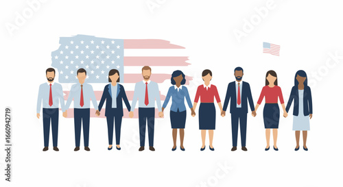 Diverse Business Professionals Standing Together in a Line with American Flag in Background Symbolizing Teamwork, Unity, and National Pride for Corporate, Economic, or Political Events