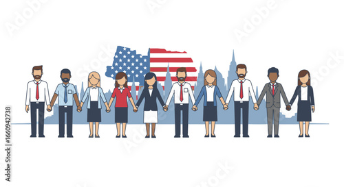 Diverse Group of Business Professionals Holding Hands in Front of American Flags and Skyscrapers, Representing Unity, Collaboration, and American Corporate Success, Suitable for Business, Leadership,