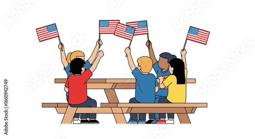 Diverse Group of Children Celebrating with American Flags at an Outdoor Event, Red, White, and Blue Color Palette, Family and Community Spirit, Patriotic Festivity, Youth and Joyful Expressiveness
