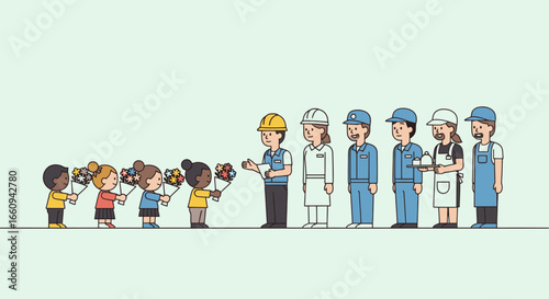 Diverse Group of Children Offering Flowers to Construction and Service Workers in a Heartwarming Scene Promoting Respect Appreciation and Community Values in a Flat Illustration Style