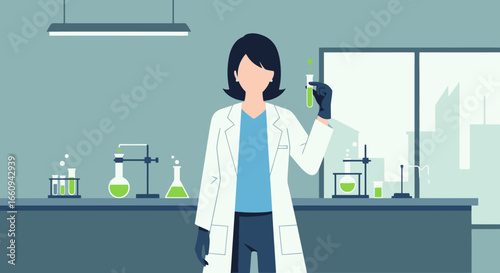 Female Scientist Laboratory Technician Conducting Chemical Experiment in Modern Science Laboratory with Scientific Equipment for Research and Development in Chemistry and Innovation