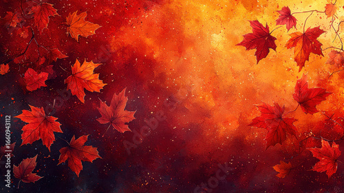 A vibrant autumn canvas painted in shades of burnt orange and crimson, featuring watercolor maple leaves in a dynamic dance, perfect for adding warmth and elegance to your designs for autumn 