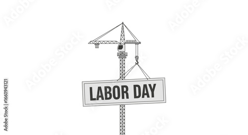 Labor Day Celebration Concept Image with Construction Crane Signboard Highlighting Labor Day Holiday with Worker Symbolism, Industrial Theme, and Festive Message for Commercial Use