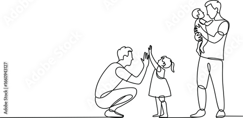 Happy family bonding, two dads playing with kids, parenting moments, fatherhood love, modern family lifestyle, LGBT parenting concept illustration
