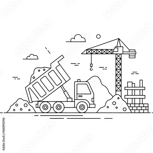 Construction Site Dump Truck and Crane