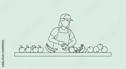 Minimalist Line Art Illustration of a Female Farmer in a Cap and Apron Sorting and Preparing Fresh Fruits and Vegetables on a Table for Market or Agricultural Harvesting, Emphasizing Healthy Eating