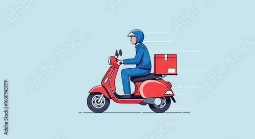 Modern Delivery Person on Red Scooter with Thermo Box Riding Fast in Urban Environment for E-Commerce and Food Delivery Services Illustration
