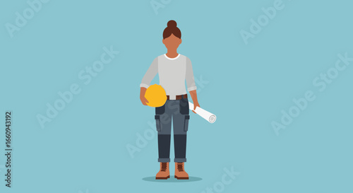 Modern Female Architect or Engineer Holding Yellow Hard Hat and Rolled Blueprint in Casual Workwear with Confident Stance on Light Blue Background for Construction, Engineering, Architecture, and