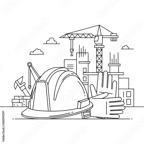 Construction Safety Equipment and Building Site with Crane and Buildings