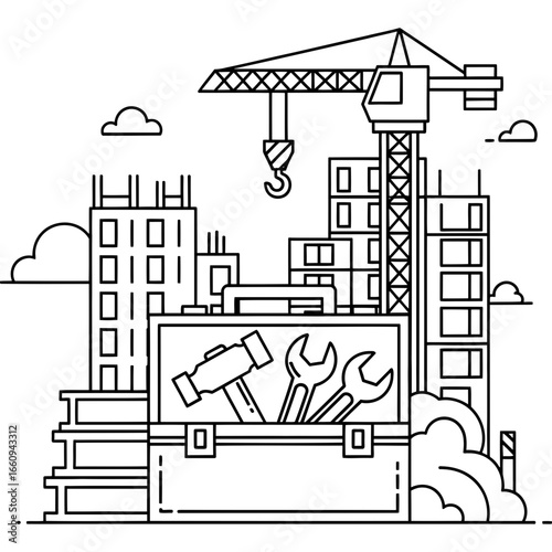 Urban development and construction industry concept shown with a toolbox and crane building a city skyline.
