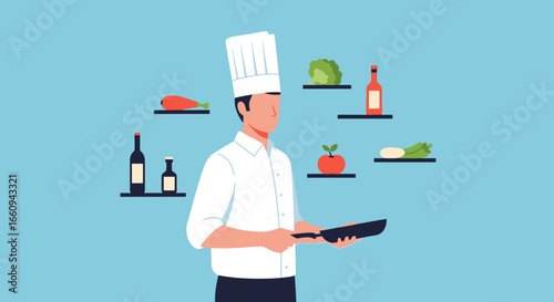 Professional Chef in White Uniform and Hat Preparing Food in Modern Kitchen, Culinary Expert Cooking and Plating Ingredients, Cooking Show or Food Service Industry Concept
