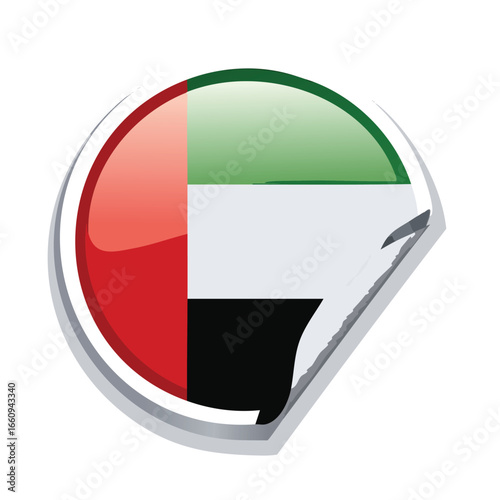 A glossy sticker featuring the flag of the United Arab Emirates, with a peeled corner.