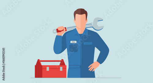 Professional Male Mechanic in Uniform Holding a Wrench and Standing with a Toolbox, Expertise in Automotive Repair, Maintenance, and Servicing at a Modern Garage for Industrial, Technical, and