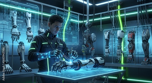 Cybernetic Arm Repair: A Futuristic Technician at Work