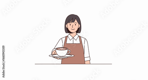 Smiling Female Barista or Waitress Offering a Fresh Hot Coffee Cup on a Silver Tray in a Cozy Cafe Setting, Perfect for Hospitality, Food Service, Customer Service, and Beverage Industry Promotional