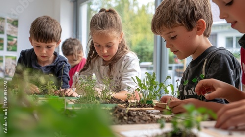 Five young children are intently focused on planting seedlings in small pots at a table. They are working together in a bright, modern classroom with large windows overlooking an outdoor area.