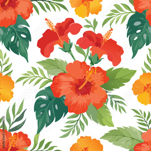 Vibrant floral pattern featuring red hibiscus flowers, orange blossoms, and lush green leaves on a white background.