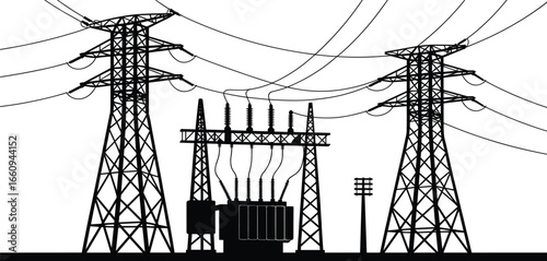 High voltage electricity substation, power transmission towers, electric grid infrastructure, energy distribution lines, black silhouette vector, industrial utility background