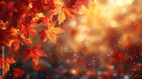 A vibrant autumn scene, with a soft focus of red and yellow maple leaves against a blurred, bokeh background, creating a warm and inviting ambiance, perfect for an end-of-year campaign 