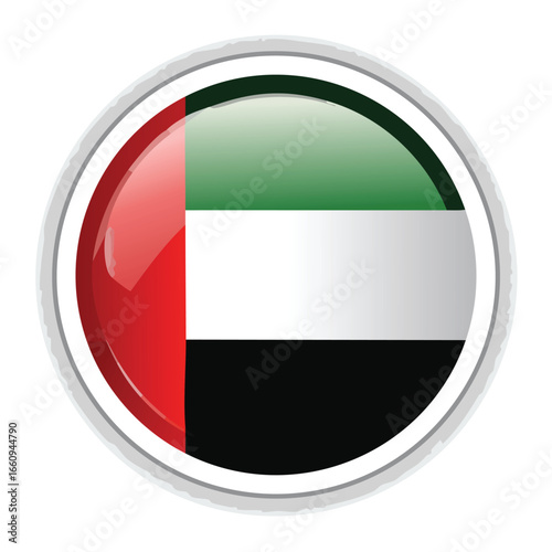 Circular glossy button featuring the flag of the United Arab Emirates, with a white border.
