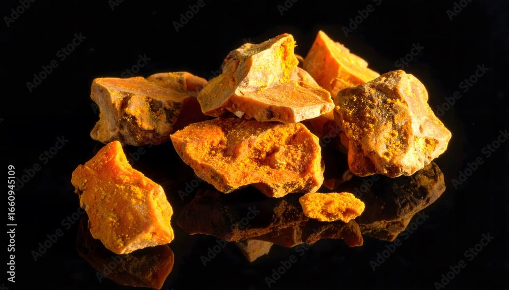 Obraz premium Close-up of Golden Hour Light on Raw Turmeric Chunks and Crystals