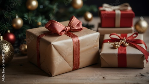 Festively wrapped Christmas presents with colorful ribbons and bows, arranged under a decorated evergreen tree indoors during the holiday season. Joyful giving concept