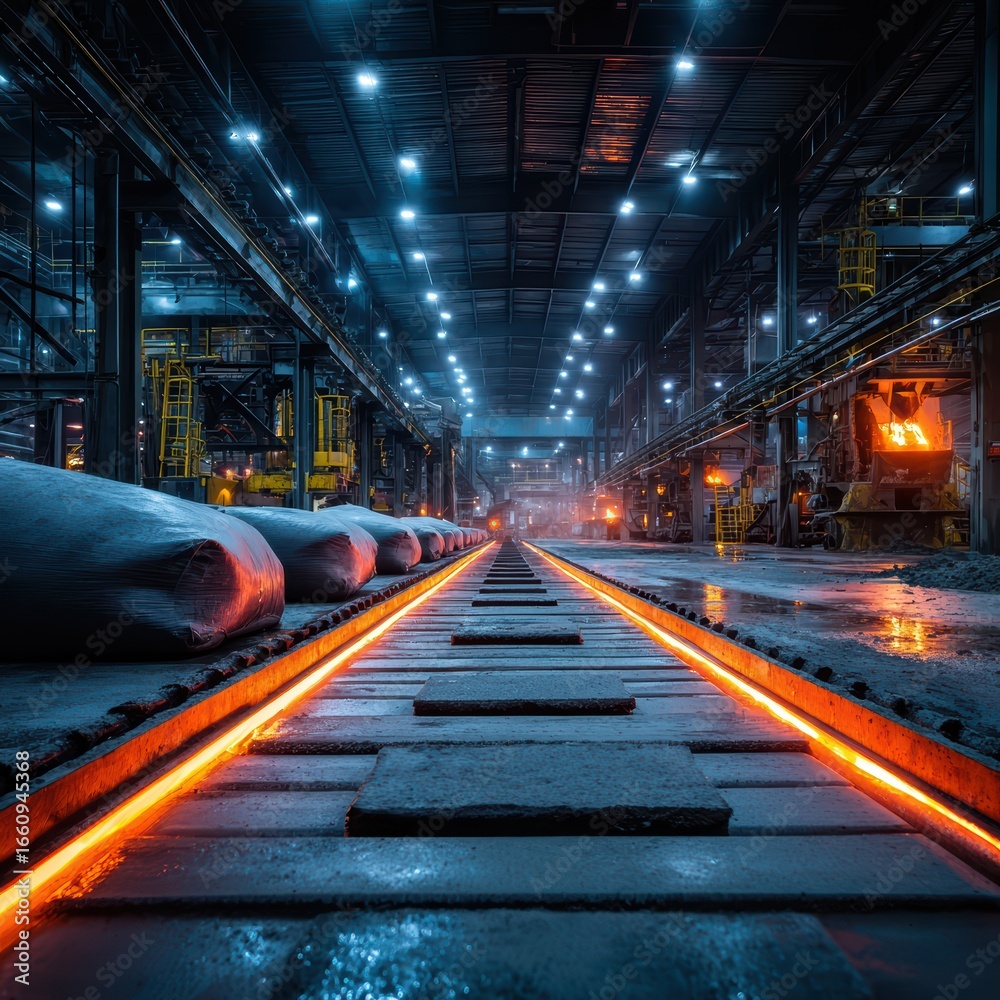 Fototapeta premium Industrial Steel Production with Glowing Liquid Metal in Factory