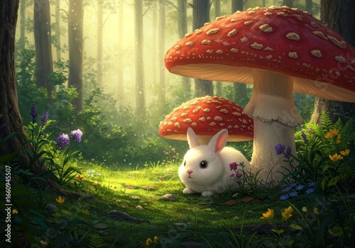 Enchanted Forest A Cute Rabbit Hiding Under a Giant Mushroom