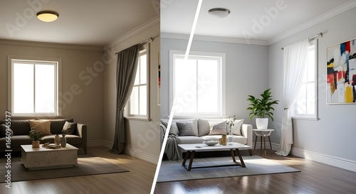 A side-by-side split-screen image. The left side shows a dull room with faded, plain walls and poor lighting. The right side shows the same room vibrantly transformed with freshly painted light gray w