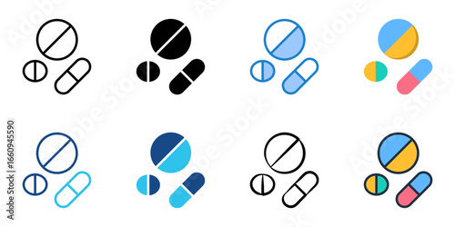Pills and Tablets icon set multiple style collection 
