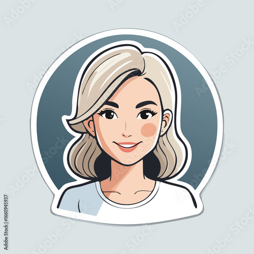 Cartoon illustration of a smiling woman with blonde hair, set against a blue background.