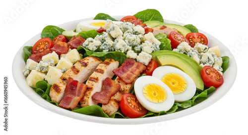 Grilled chicken salad with eggs bacon cheese and tomatoes on a white plate