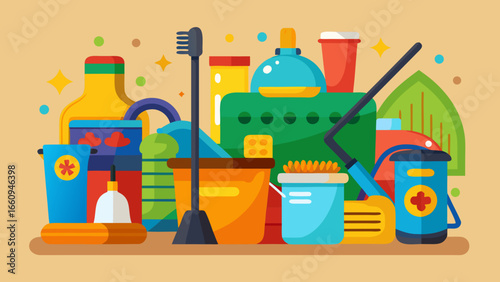 Colorful collection of household cleaning supplies and tools