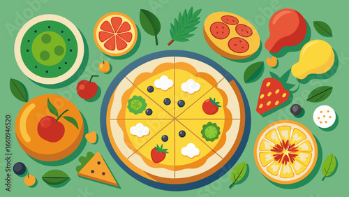 A vibrant flat lay of delicious pizza and fresh fruits